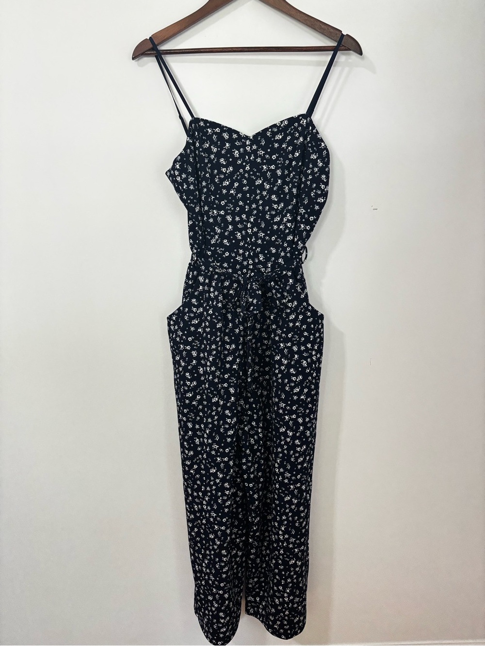 Emerald Sundae Large Navy Floral Jumpsuit Tie Waist Cropped Wide Leg Pockets - Picture 2 of 16